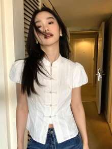 New Style Bubble Sleeve Short-Sleeved Shirt For Women, Summer, With A Design Feel, Button Closure, Short Length, Top. - White - View 4