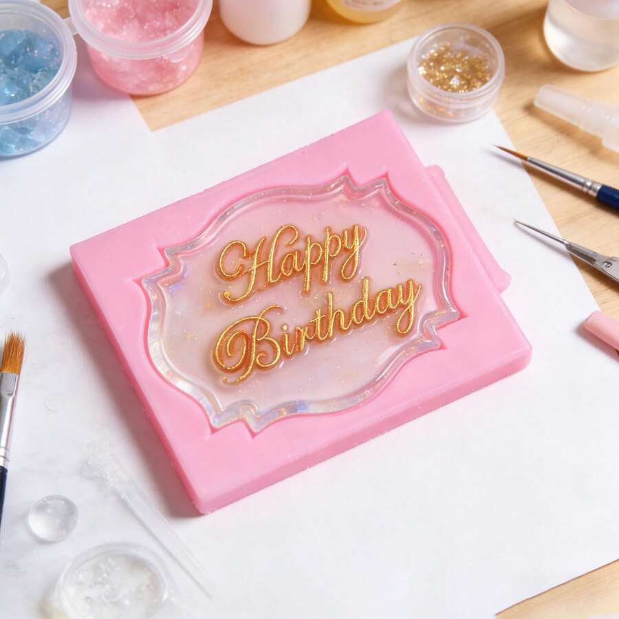 Creative Textured Happy Birthday Sign Mold, Suitable For Photography Decoration Props, Birthday Scene Decoration Props, Aromatherapy Candle Wax Props, Aromatherapy Candles, Polymer Clay Making, Soft Material, Easy Release, Reusable Silicone Resin Mold - Pink - View 1
