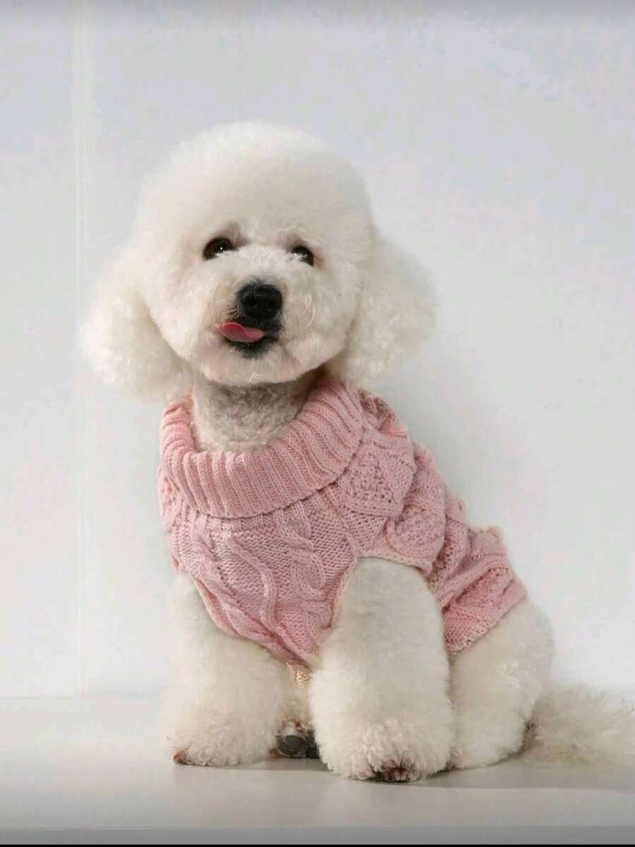 Haustier-Pullover mit hohem Kragen, weiches Material, leicht, atmungsaktiv, süßer Pompon-Strickpullover, geeignet für Katzen und kleine bis mittelgroße Hunde - Pink - Übersicht 1