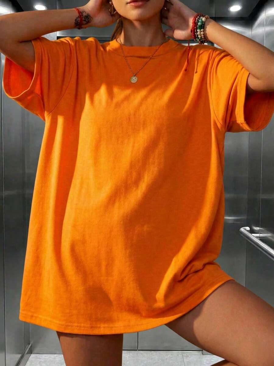 Women's Loose Long Solid Color Round Neck Short Sleeve T-Shirt, Minimalist, Suitable For Spring/Summer Everyday Wear Casual