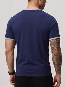 ZYNTH BALENO T-shirt homme mode d'été 2 en 1 ajusté à épaules régulières, col Henley, manches courtes, essentiel pour les sports d'été - Bleu marine - Voir 4