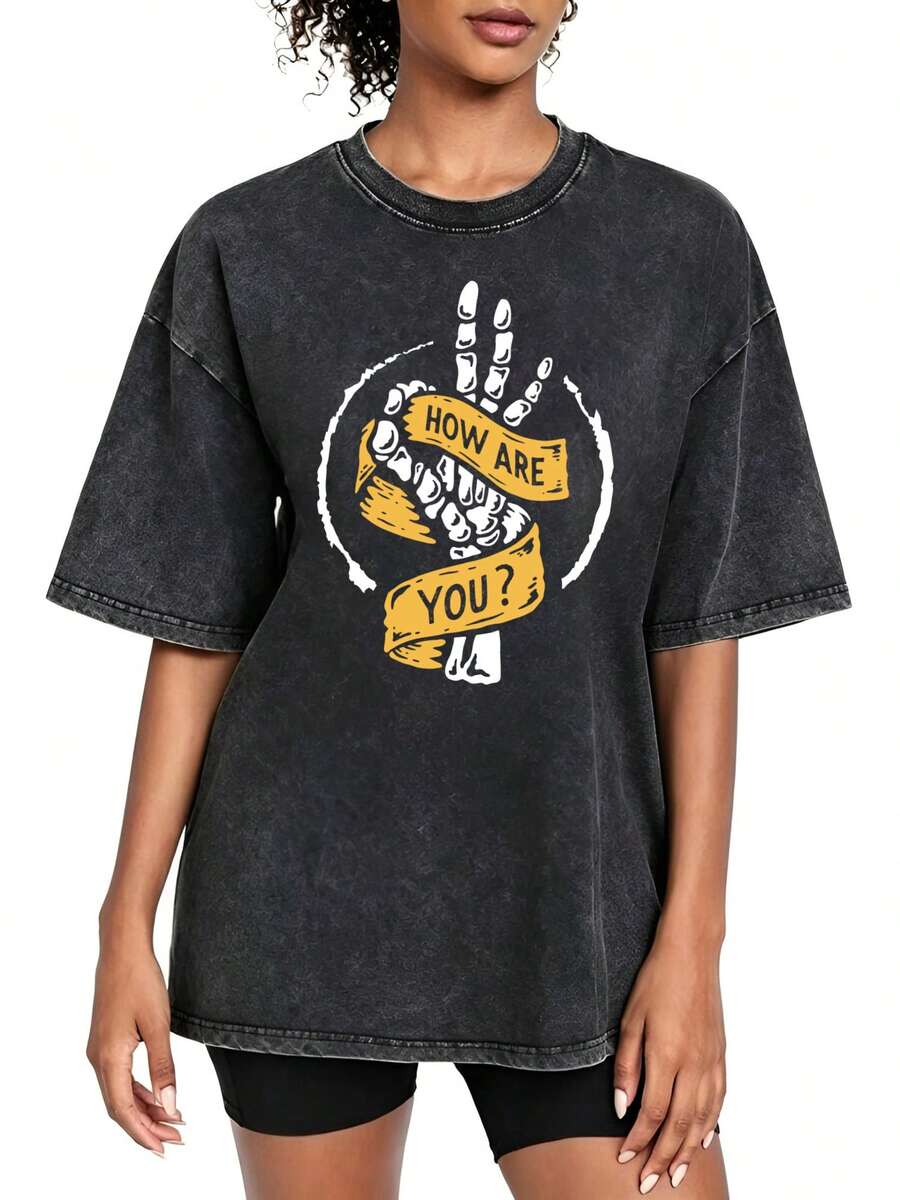 hombres y mujeresCamiseta de mujer 100% algodón estilo Y2K vintage con efecto lavado ácido: Camiseta de mujer con de calavera y la frase "¿Cómo estás? ", estilo vintage desgastado, tel - Negro - Ver 1