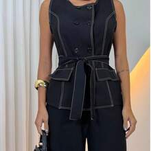 Women's Sensorial Marrante Set – Wide-Leg Pants With Elastic At The Back + Blouse/Vest With Buttons - 黑色 - 查看 4