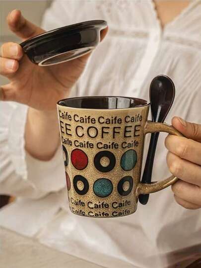 1pc Geometric Ceramic Coffee Mug With Lid And Spoon, Retro American Style Latte Mug, French Vintage Breakfast Oatmeal Mug, Suitable For Restaurant, Living Room, Cafe