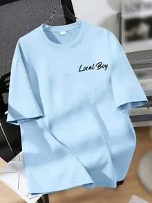 Boys Casual Crew Neck Short Sleeve T-Shirt, Printed With "Local Boy" And "OUTFITTERS" Text, Animal (Dog) Pattern, Fashionable And Versatile, Suitable For Teen Streetwear, Appropriate For Spring And Summer Seasons - Baby Blue - View 3