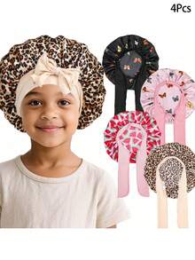 Awegeo 1Pc/4Pcs Children's Printed Silky Satin Tie-Up Sleep Cap – Fashionable & Comfortable, Breathable & Non-Slip, Suitable For Daily Hair Care - Multicolor - View 10