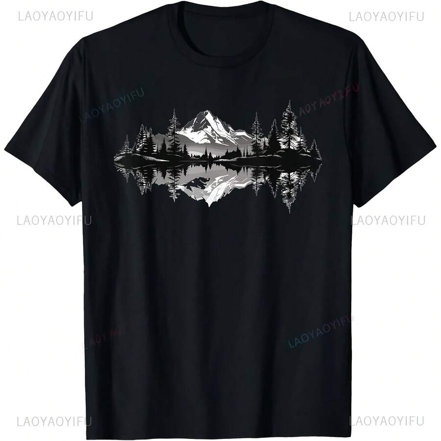 Mountain Landscape Reflection Forest Trees Wildlife Outdoors Casual Loose Fashion Harajuku Casual Wear Hip Hop Style Men's T-Shirt - 彩色 - 查看 1