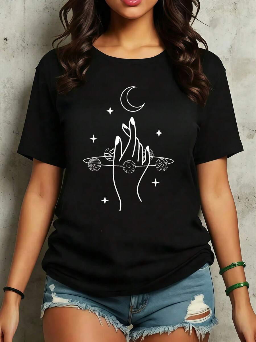 Women's Casual Summer Short-Sleeved T-Shirt With Planet And Moon Print, Round Neck: Ideal For Everyday Wear And Holidays. - 黑色 - 查看 1