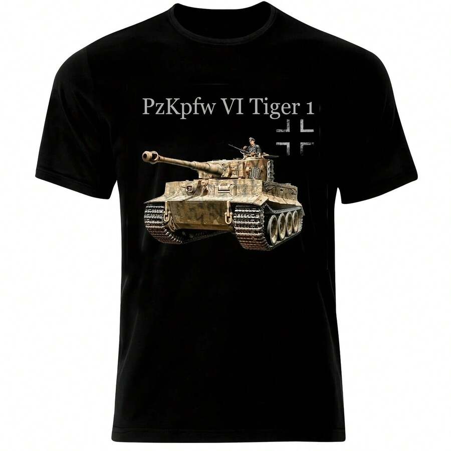 Men's German Military Armor T-Shirt, Short Sleeve Cotton Crew Neck T-Shirt, Fashion Streetwear, PzKpfw VI Panzer Tiger 1 - 彩色 - 查看 1