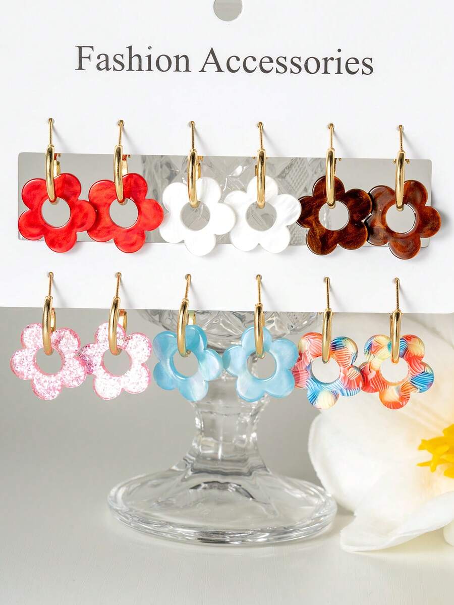 Juego de 6 pares de aretes de flores de acrílico multicolor (estilo de combinación multicolor) - 6 pares de conjuntos de colores - Ver 1