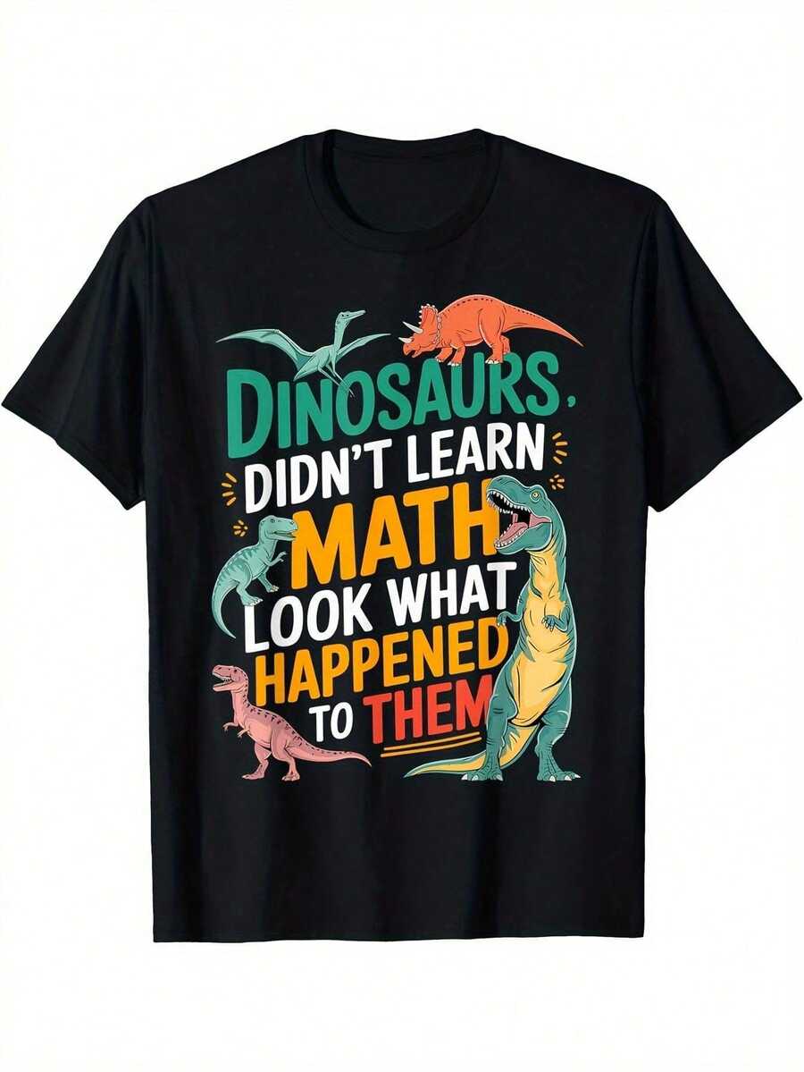Women's Funny Dinosaur Print T-Shirt "Dinosaurs Didn't Learn Math", Soft Black Cotton T-Shirt, Casual Loose Fit - 黑色 - 查看 1