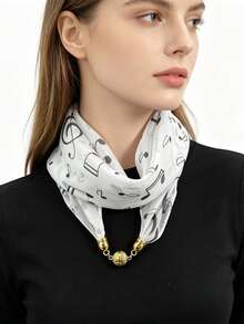 1pc Women's Music Note Print Magnetic Buckle Square Scarf, Lightweight Faux Silk Material, Scarf With Built-In Buckle - Multicolor - View 9