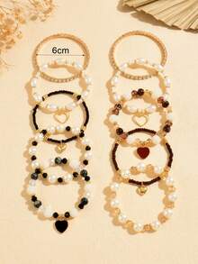 5pcs Elegant Vintage Fashion ABS Faux Pearl Oil Drop Heart Pendant Rhinestone Faux Crystal Beaded Bracelet Set For Women, Suitable For Daily Commute, Party, Beach Vacation Wear - Heart-shaped Pearl Bracelet Set - View 7
