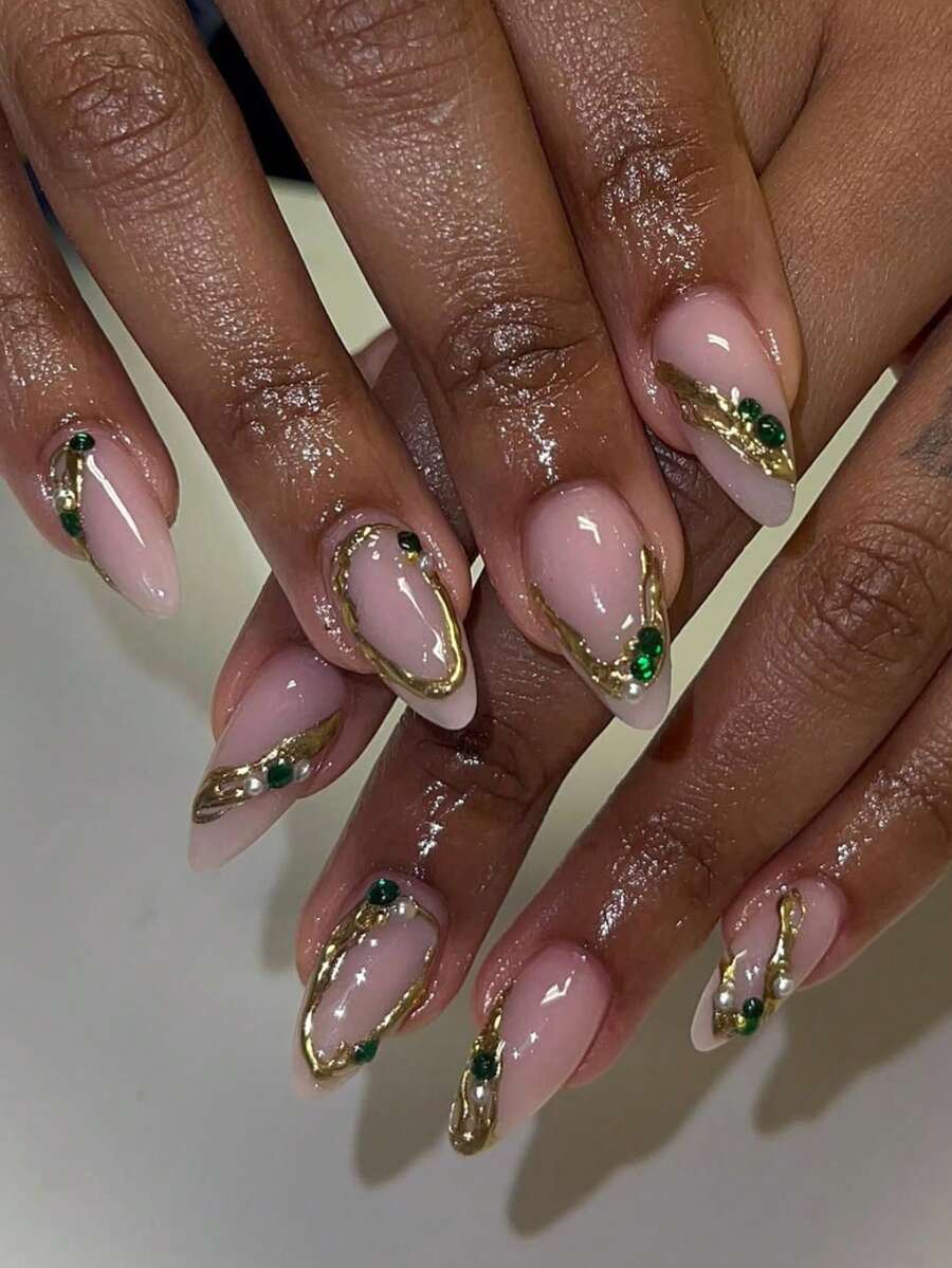 24pcs European And American Minimalist Asymmetrical Line French Design, Decorated With Various Rhinestones 3D Gold Foil Patterns, Medium Almond Shaped Fake Nails, Decorated With Various Sparkling Rhinestone Accessories, Suitable For Various Parties, Gatherings, Vacations, Comes With Tool Kit, Removable Fake Nails For Repeated Use, Nail Art Supplies. - Gold - View 1