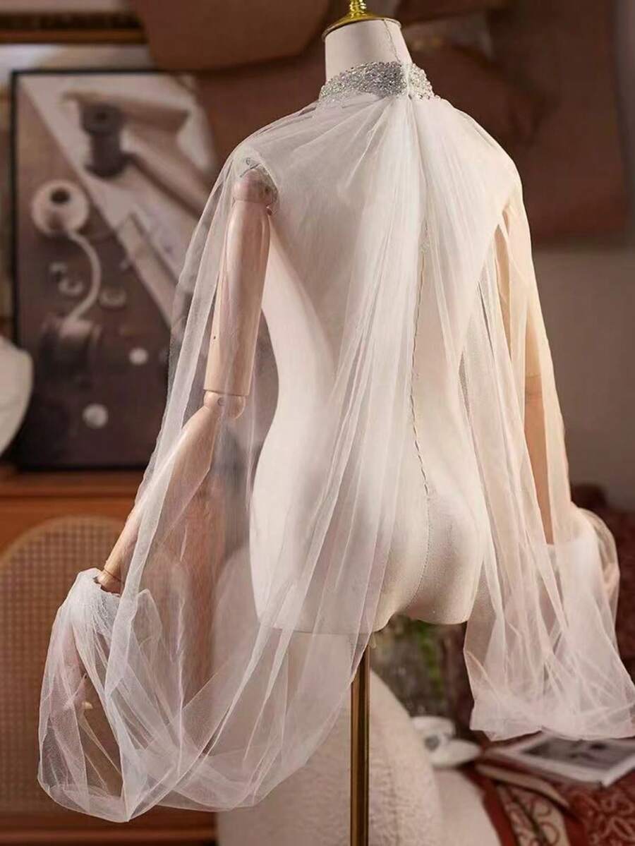 European And American Bridal Mesh Shawl With Handmade Beaded Embellishments, New Style Hostess Wedding Dress Runway Performance Shawl Accessory - White - View 1
