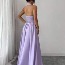 Elegante vestido sin mangas con cuello en V, diseño hueco en la cintura y pliegues, color morado, nueva llegada de primavera/verano - Morado - Ver 3
