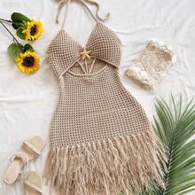 yonghongmaoyi1 Vestido mini de mujer  con tirantes finos, escote en V, calado, estrella de mar de metal tejida, flecos, para vacaciones, playa, cita, boda, fiesta, crucero, - Beis - Ver 2