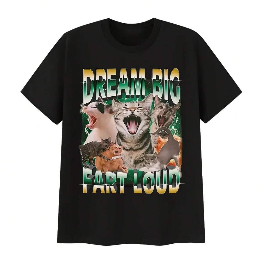 Men's Meme Dream Big Fart Loud Cat Meme T-Shirt, Unisex Women's T-Shirt, Vintage Harajuku Oversized Casual T-Shirt, Short Sleeve T-Shirts - 彩色 - 查看 1