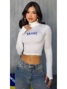Women's Cropped High Neck Blouse Brazil World Cup Fan - White - View 2