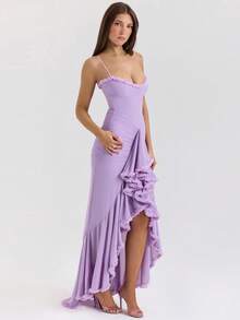 Sleeveless Maxi Dress With Straps, European Style, High-End Elegant Summer Fashion, Ideal For Women's Casual Parties - 紫色 - 查看 2