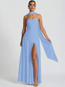 Vestido Mujer Elegante Moda Fiesta Bandejo Ajustado Liso Abertura Espalda Descubierta Cinta Flotante Estilo Europeo Nuevo - Azul - Ver 3