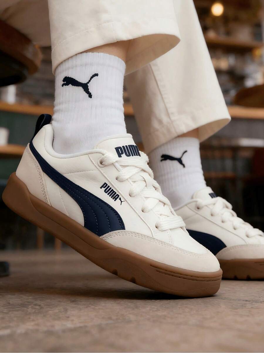 Puma 休闲鞋,低帮运动鞋,轻便耐用,男女通用,拼接皮革鞋面,耐磨复古街头校园运动休闲鞋,蓝色 - 白色-海軍藍-樹膠色 - 查看 1
