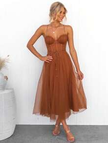 Women's Elegant European-Style Sheer Mesh Dress With Straps, Perfect For Dinner Parties, A New Fashion , And A Stylish, Feminine Casual Dress. - 黃色 - 查看 2