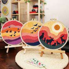 1套2D成人初學者戳戳繡刺繡套裝，20*20cm/7.8*7.8in，日落風景主題，含預印圖案、毛線、刺繡框及戳戳繡工具，完整DIY手工戳戳繡，DIY禮品套裝，適合送給家人、朋友、同學生日，客廳臥室家居裝飾 - A - 查看 3