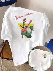 Pure Cotton T-Shirt With A Retro-Style Dinosaur Playing Guitar Print. Denver Design, Fun And Colorful, For Men And Women Who Love Urban Streetwear Fashion. - 白色 - 查看 1