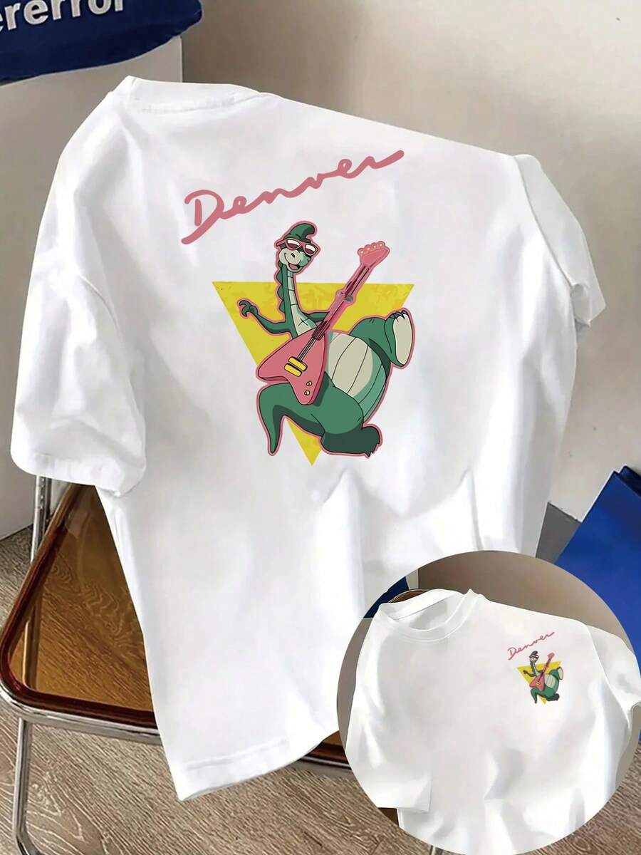 Pure Cotton T-Shirt With A Retro-Style Dinosaur Playing Guitar Print. Denver Design, Fun And Colorful, For Men And Women Who Love Urban Streetwear Fashion. - 白色 - 查看 1