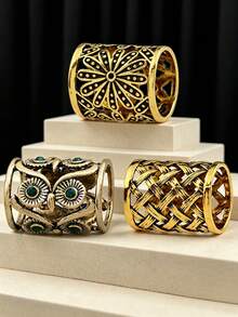 SHEEGIOR 3pcs/Set Vintage Hollow Cross Grid Chrysanthemum Owl Floral Design Scarf Buckle Clothing Veil Headscarf Ring Button Decoration - Bronze - View 4