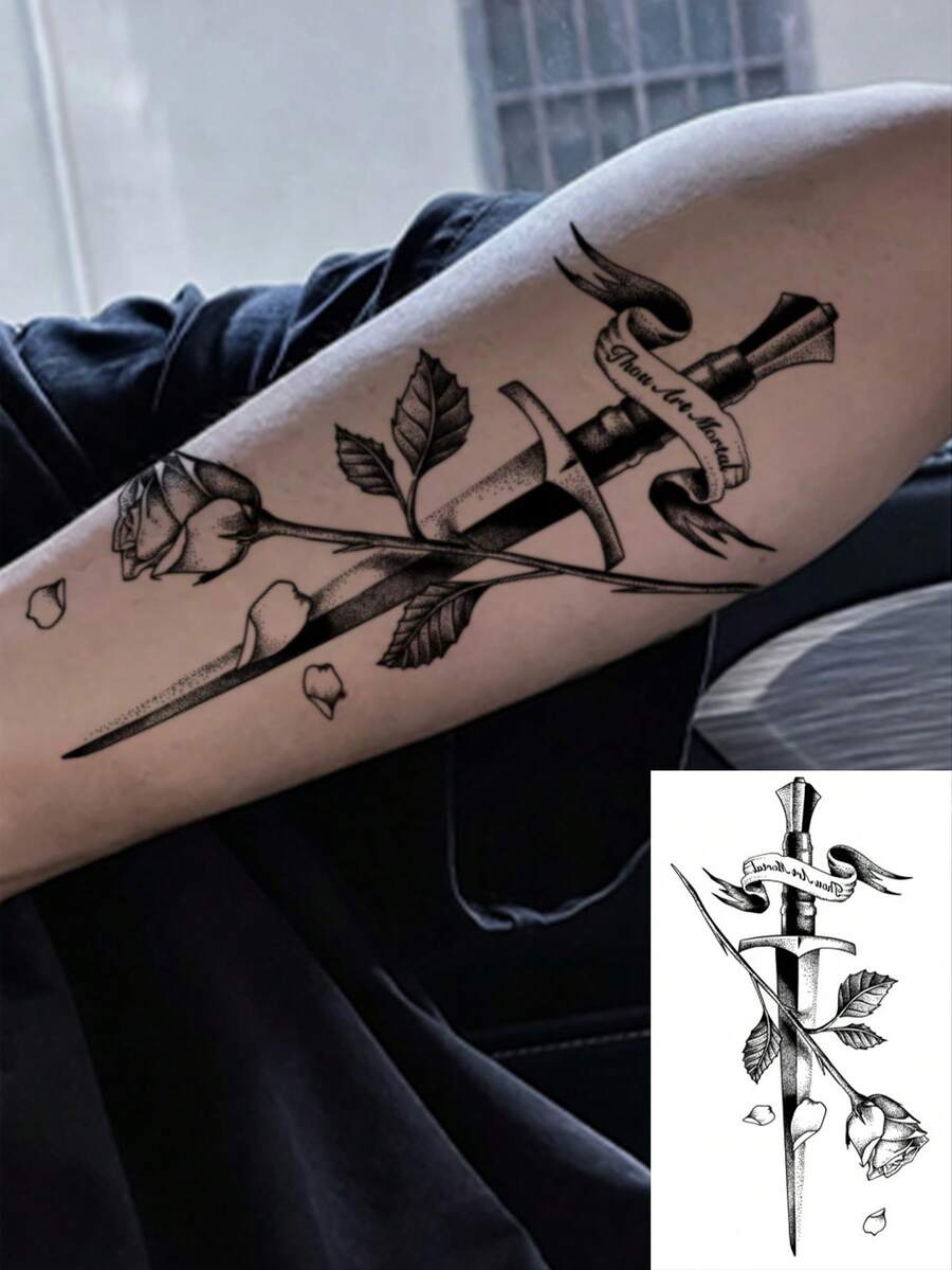 1pc Black Stippling Sword With Rose And Ribbon Temporary Tattoo, Men's Temporary Tattoo Patch, Simulated Tattoo Design, Suitable For Travel, Music Festival, Games, Graduation Gifts, Lasts For 3-5 Days - Black - View 1