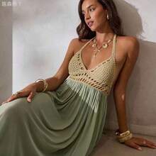 jianchaimaoyi02  Vestido elegante y sexy con escote en V profundo, hecho de ganchillo y parches de malla, para mujer. Ideal para vacaciones, atuendo de playa y vestidos de - Caqui - Ver 8