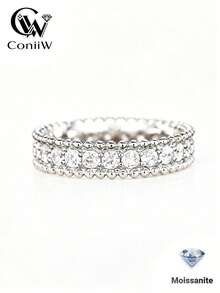 ConiiW 925純銀戒指，鑲嵌全莫桑石，復古珠邊設計，星光飾面，中性款，適合日常配戴或作為禮物 - 銀色 - 查看 1