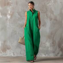 Women's Sleeveless Collared Button Front Top And Wide Leg Pants Two Piece Set Casual Linen Blend Outfit Collection - Green - View 2