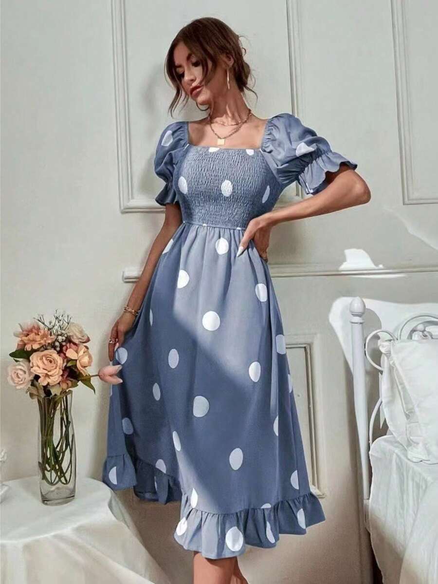 Vestido femenino dulce con lunares grandes y bordes ondulados - Azul - Ver 1