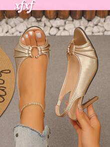Teen Pleated Toe Baring High-Heeled Sandals With Toe Straps, Breathable And Suitable For School, Party, Shopping And Other Occasions. - Champagne - View 1