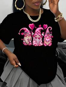 Women's White T-Shirt With Valentine's Day Heart And Pink Gnomes Design, Cute Cartoon T-Shirt, Valentine's Day Gift, Fashionable Casual T-Shirt - 黑色 - 查看 1