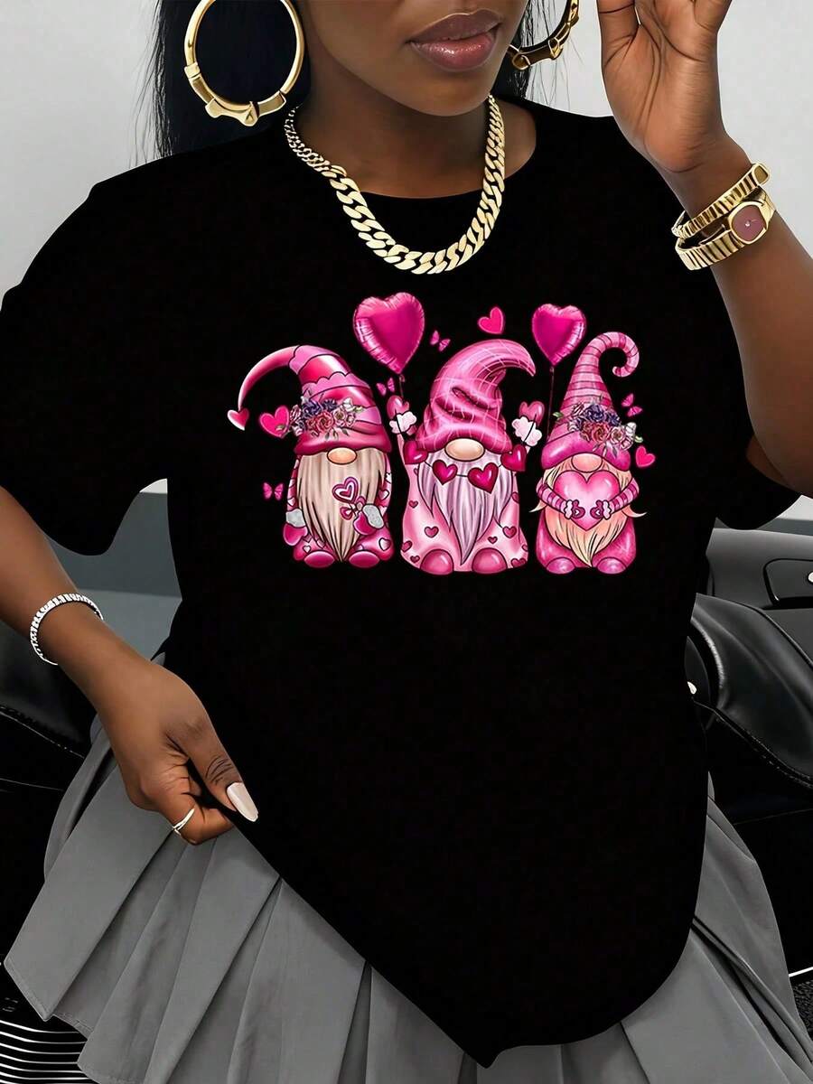 Women's White T-Shirt With Valentine's Day Heart And Pink Gnomes Design, Cute Cartoon T-Shirt, Valentine's Day Gift, Fashionable Casual T-Shirt - 黑色 - 查看 1
