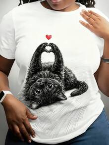 New Women's Clothing And A, Hand-Painted Black Cat Heart Print T-Shirt, Love Short Sleeve Casual Top, Plus Size Women's Clothing, New Release, Loose Fit - 黑色 - 查看 3