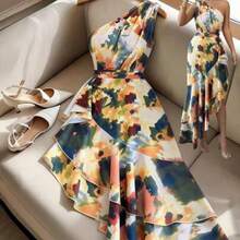 Vestidode mujer con unhombro,estampado teñido difuminado y diseño de volantes enel bajo irregular,vestido de primavera/verano,diseño de bajoirregular, elegante y de moda, adecuado - Multicolor - Ver 1