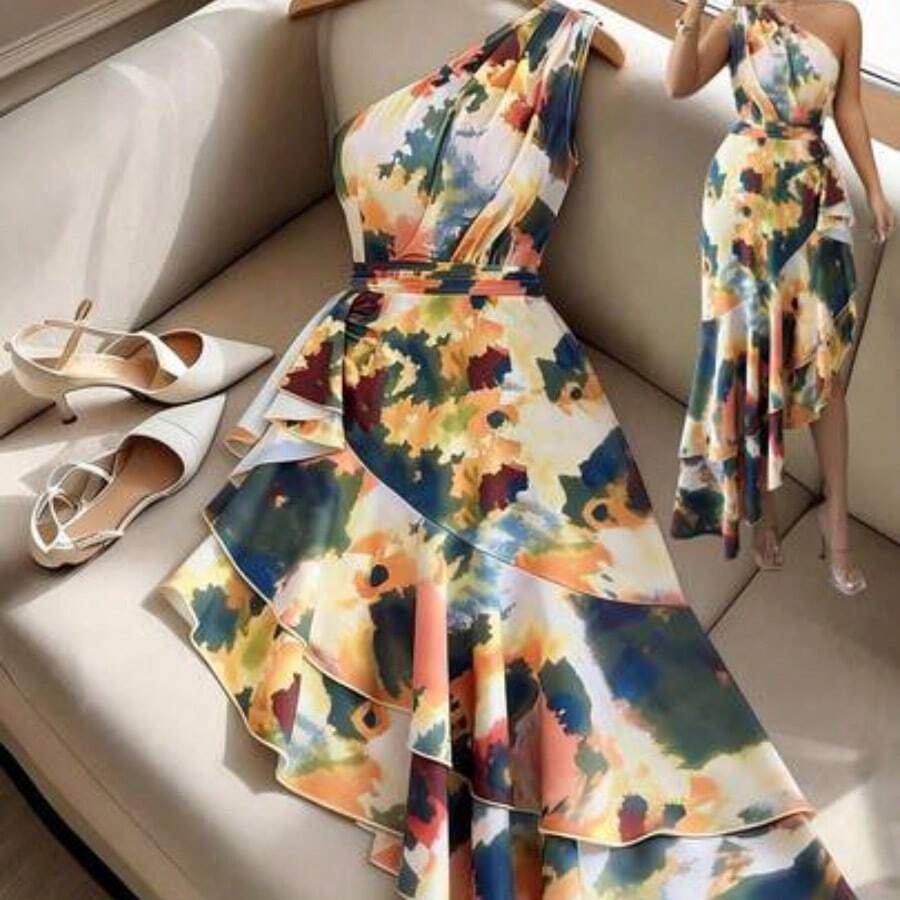 Vestidode mujer con unhombro,estampado teñido difuminado y diseño de volantes enel bajo irregular,vestido de primavera/verano,diseño de bajoirregular, elegante y de moda, adecuado - Multicolor - Ver 1