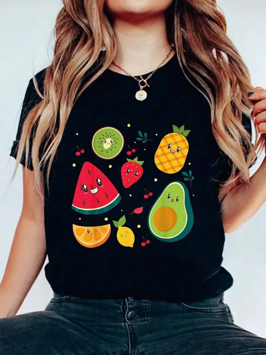 2026 Women's Summer Graphic Fruit T-Shirt - Short Sleeve, Round Neck In Black With Watermelon, Strawberry, Avocado, Kiwi Design - Casual And Breathable Fabric T-Shirt 2026 - 黑色 - 查看 1