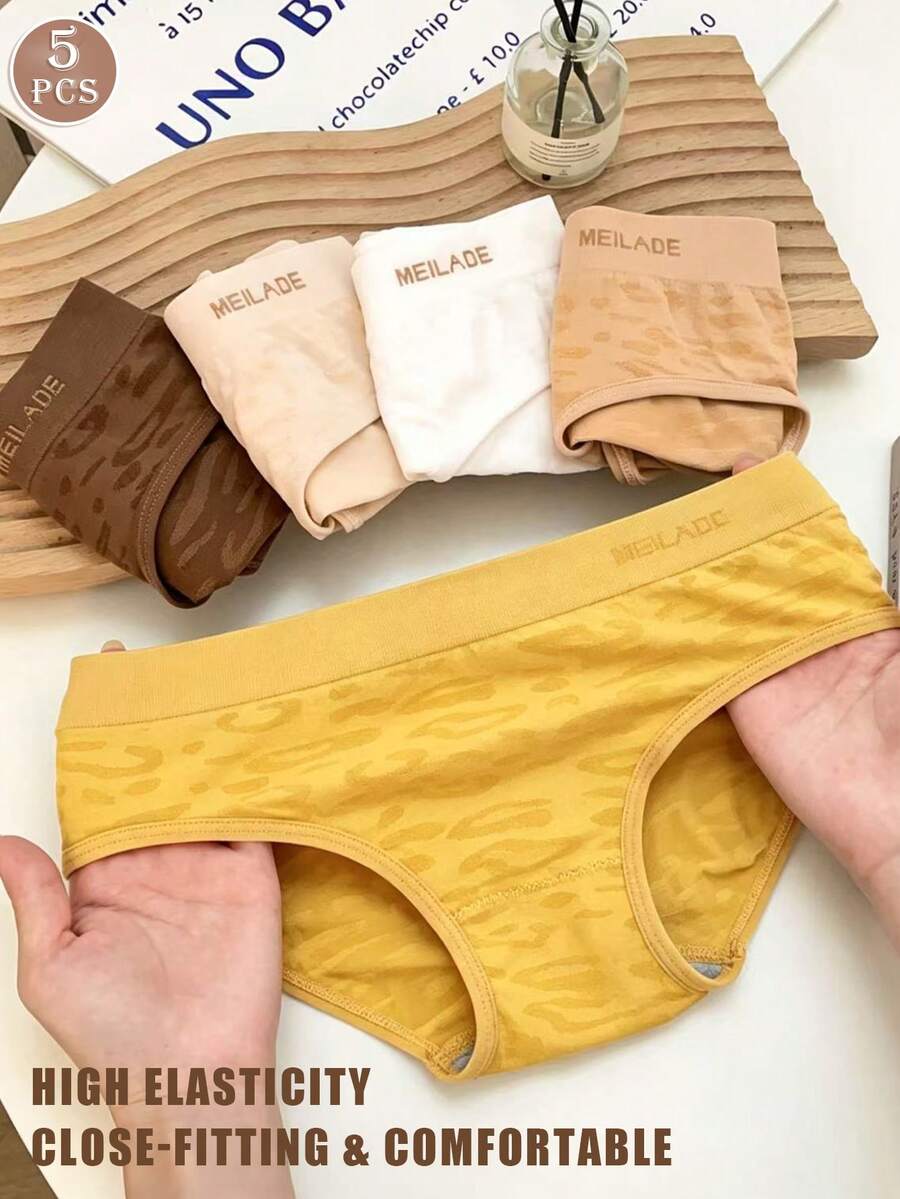 5 Peças Calcinhas Sem Costura Cintura Média Estampa de Leopardo Calcinhas Femininas Cor Maillard Alta Elasticidade Calcinha Confortável Roupa Íntima Feminina - Multicolorido - Visão 1