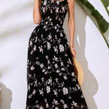 Vestido maxi con estampado floral, hombros con lazo y escote fruncido de gasa para mujer - Negro1 - Ver 1