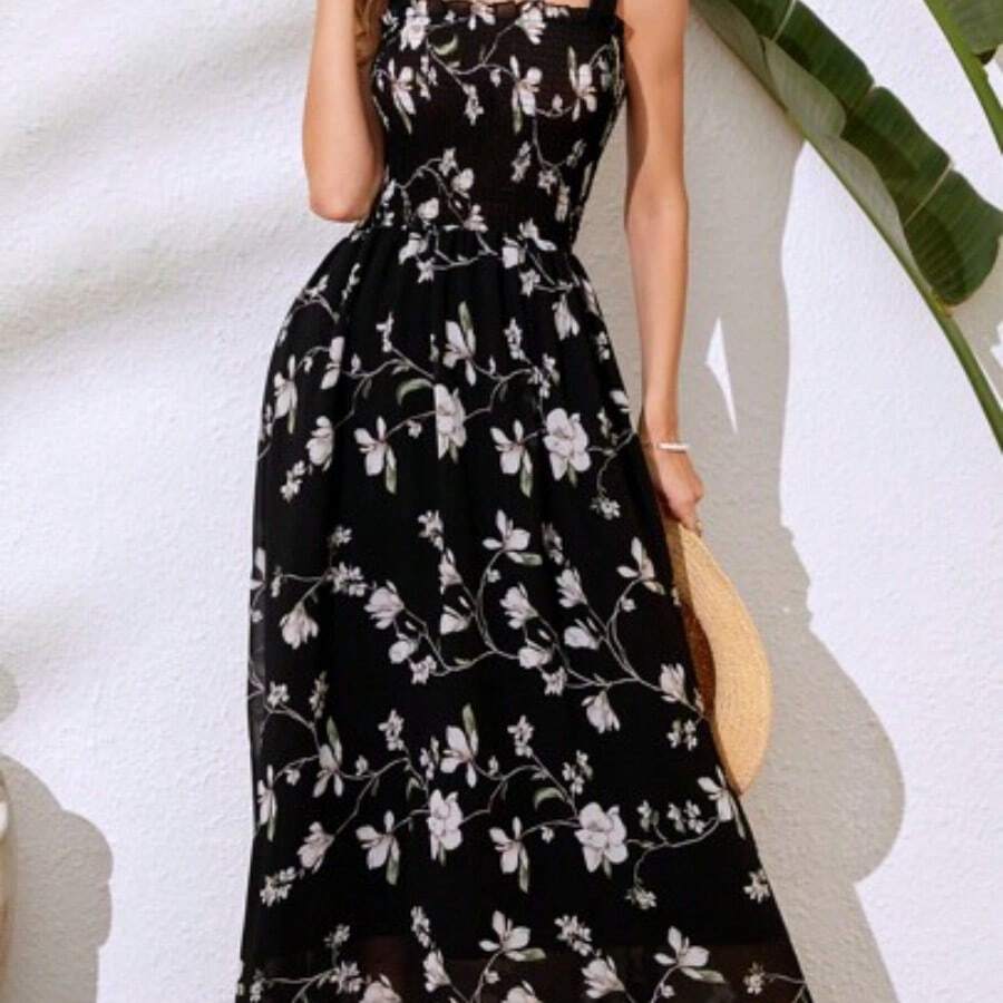 Vestido maxi con estampado floral, hombros con lazo y escote fruncido de gasa para mujer - Negro1 - Ver 1