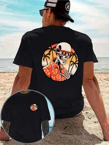 Una camiseta casual para hombre con un diseño creativo, que presenta un estampado de calaveras hawaianas en ambos lados, estilo retro americano, audaz y único, de corte holgado, con estampad - Negro - Ver 1