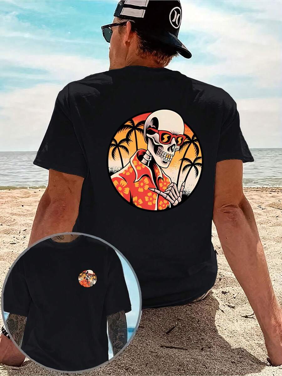 Una camiseta casual para hombre con un diseño creativo, que presenta un estampado de calaveras hawaianas en ambos lados, estilo retro americano, audaz y único, de corte holgado, con estampad - Negro - Ver 1