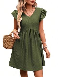 REFRESH YOUR WARDROBE NOW! French-Style Day Dress, V-Neck, Short Sleeves With Romantic Ruffles, Wide And Flowing Skirt, The Essence Of Country Chic For Walks In The Sun - Army Green - View 7