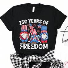 250 Years Of Freedom American Patriotic Gnome Print Crew Neck T Shirt Short Sleeve Casual Regular Fit Suitable For All Seasons For Daily Wear And Holiday Events summer tops for women summer - Negro - Ver 1